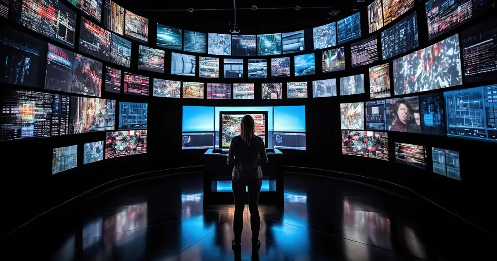 a woman standing in front of a room full of television screens.
