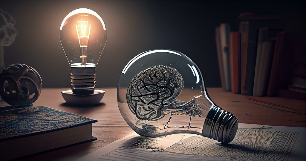 a light bulb with a brain inside of it.