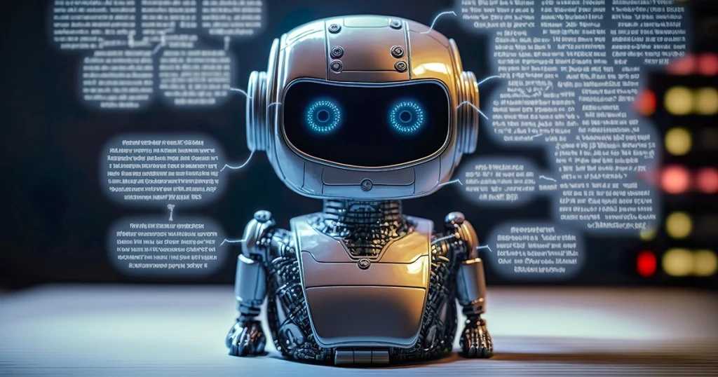 a robot sitting on top of a table with data in the background