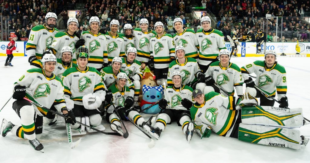 A hockey team is posing for a team photo.